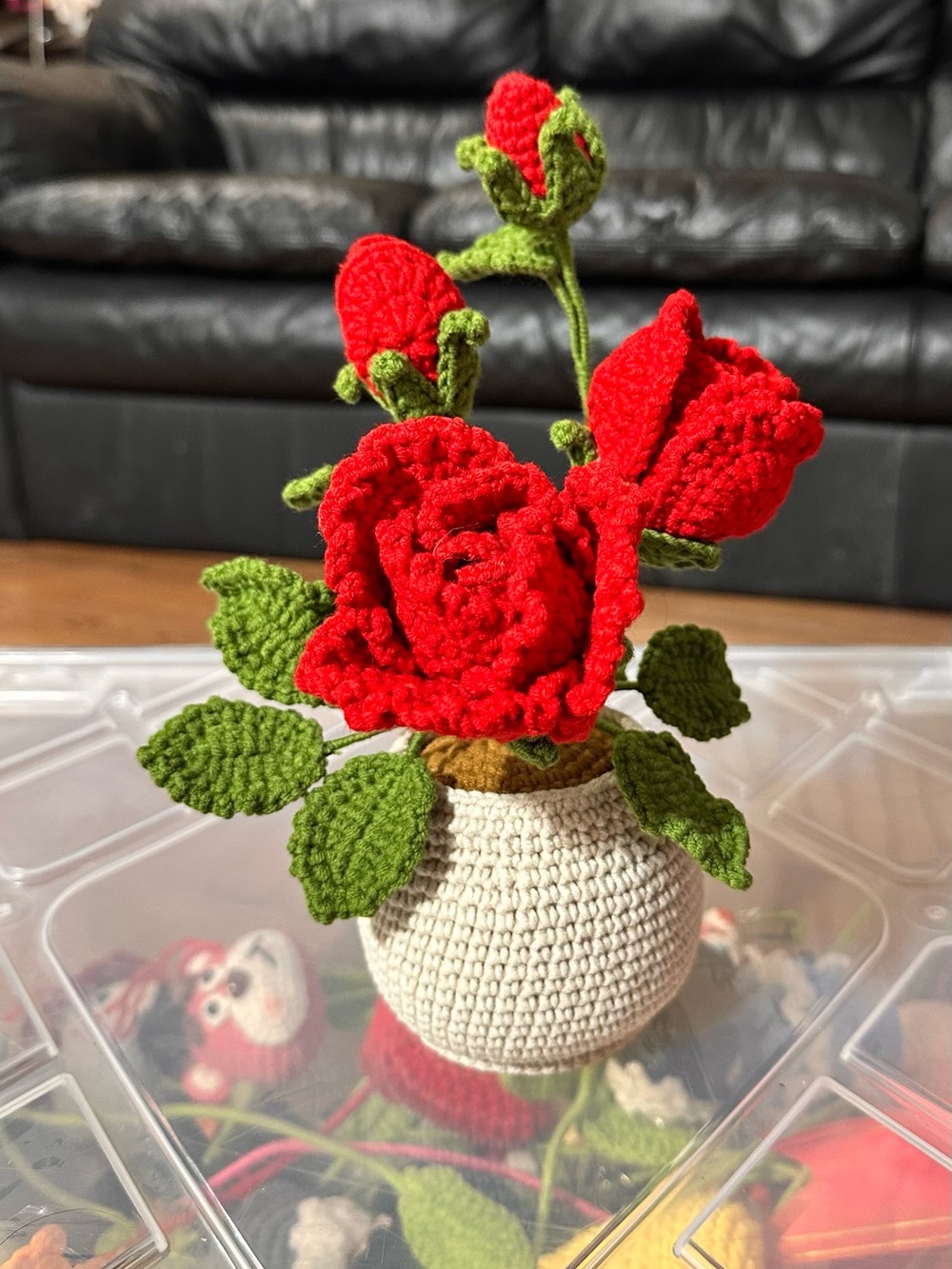 Handmade Red Crochet Rose Arrangement in Cream Vase - Home Accents